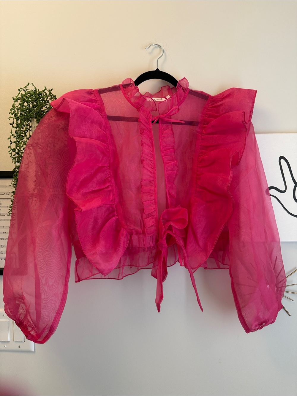 Fuchsia Sheer Ruffle Tie-Front Blouse